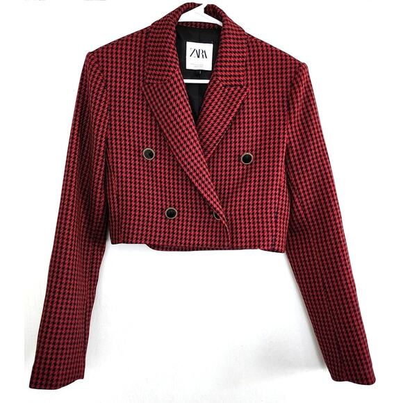 Zara Houndstooth Cropped Blazer Jacket Shoulder Pad Double Breasted Plaid - Picture 2 of 13